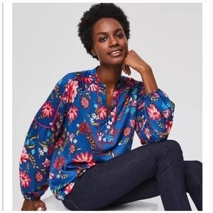 Loft wildflower‎ satin split neck long sleeve blouse